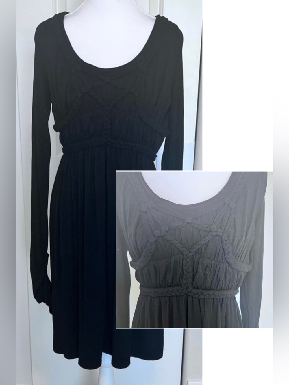 Max Studio Braided Rope Detail Long Ruched Sleeve Dress Sz Medium